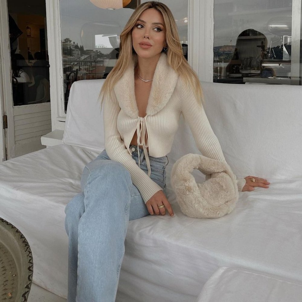 BLOGGER'S FAVE! Faux Fur Knit Cardigan Ecru NWT - Picture 11 of 16